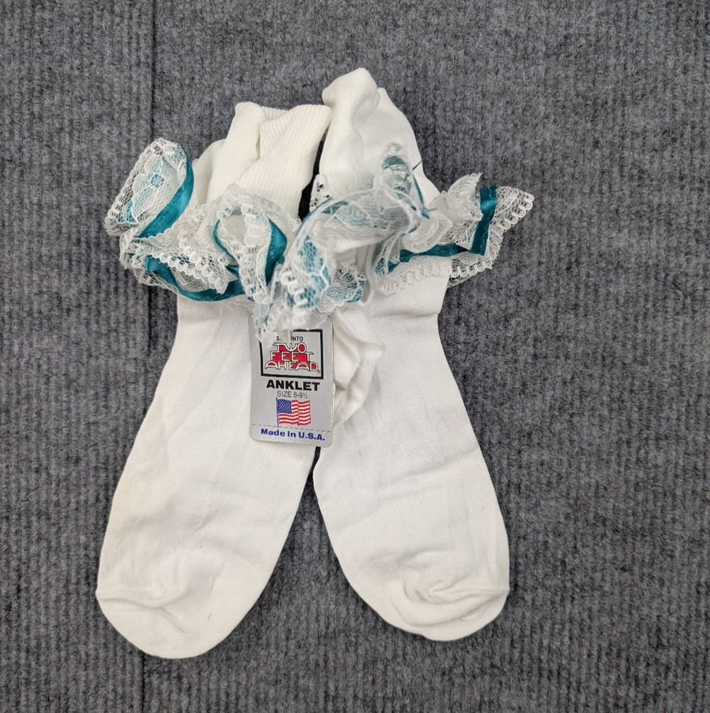 Vintage Nylon Socks Womens 8-9.5 Coquette Cream Teal Frilly Church Event Glam